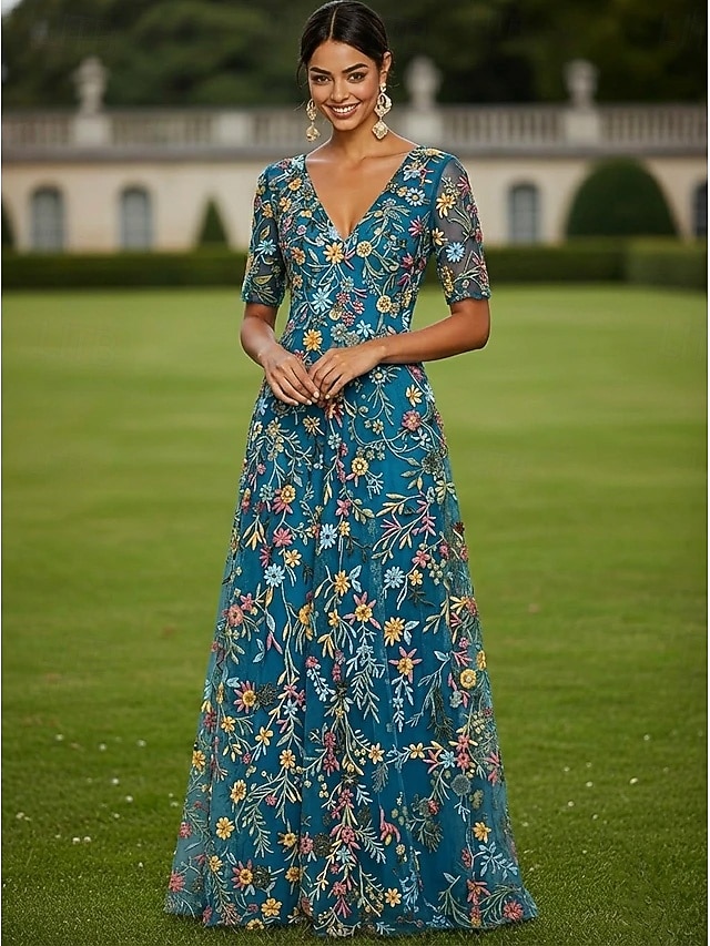 a-line floor length mother of the bride dresses cocktail dresses party dresses half sleeve plunging neck elegant vintage luxurious tulle, supplier image 12