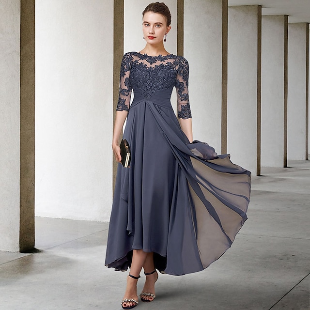 a-line high-low mother of the bride dress wedding guest dress cocktail dress jewel neck half sleeves chiffon lace elegant, supplier image 1
