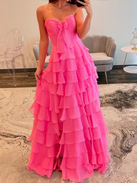  A-line Sweetheart Cascading Ruffles Sweep Train Prom Dress