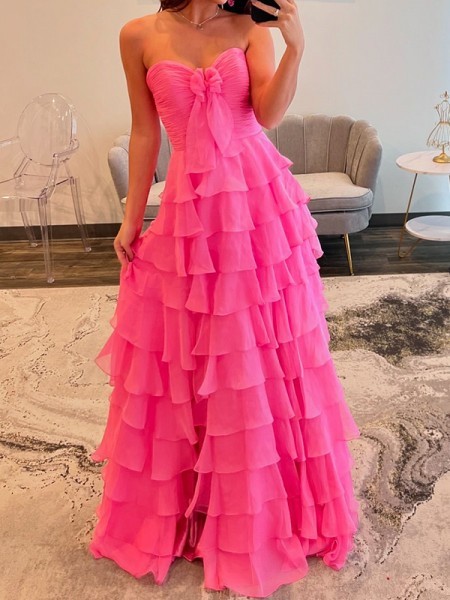 A-line Sweetheart Cascading Ruffles Sweep Train Prom Dress