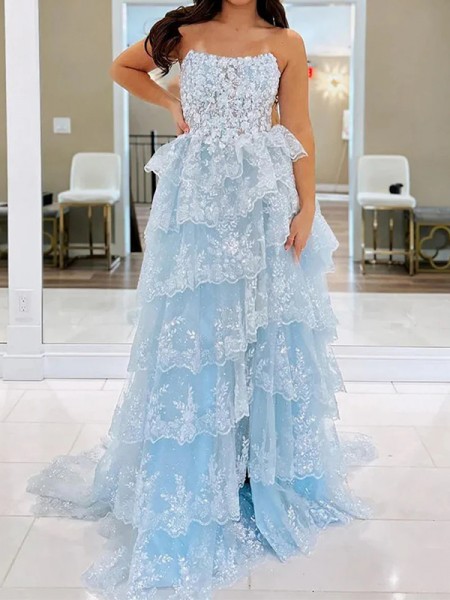 A-line Straight Cascading Ruffles Tulle Sweep Train Corset Prom Dress