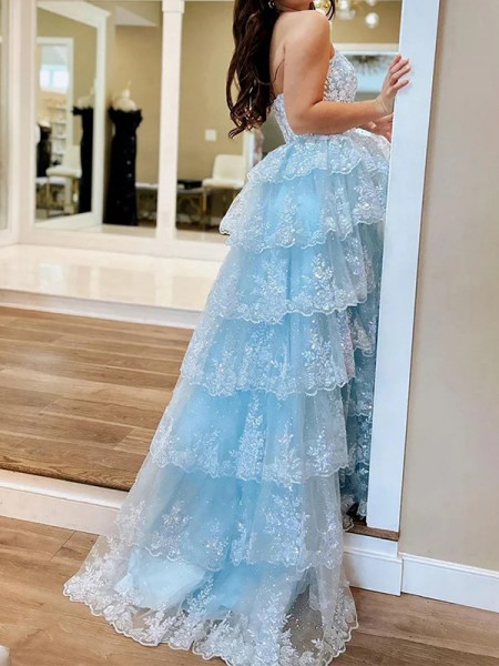 A-line Straight Cascading Ruffles Tulle Sweep Train Corset Prom Dress