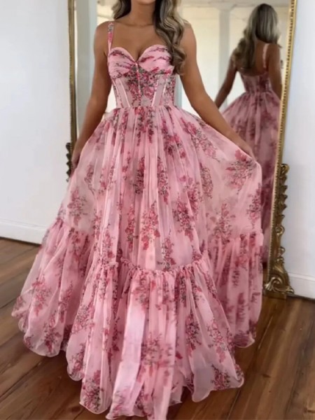 A-line Trendy Straps Sweep Train Corset Prom Dress
