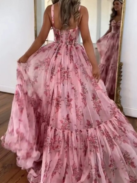 A-line Trendy Straps Sweep Train Corset Prom Dress
