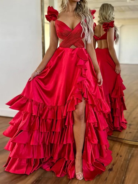 A-line Delicate V-Neck Cascading Ruffles Chapel Train Silk Dress