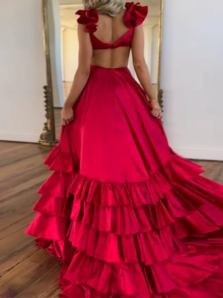 A-line Delicate V-Neck Cascading Ruffles Chapel Train Silk Dress