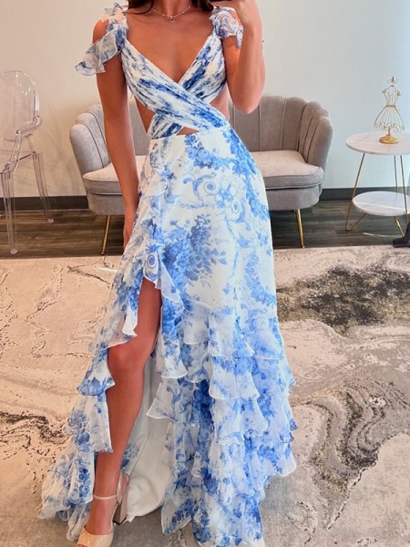 A-line Perfect  V-Neck Ruffles Sweep Train SleeveLess Prom Dress