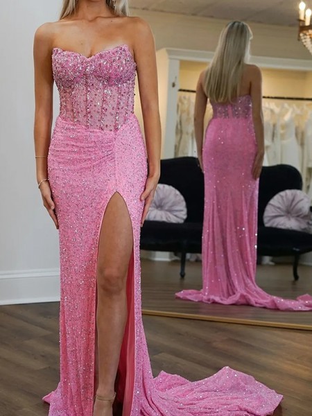 Pretty Sheath Straight Beading Court Train SleeveLess Corset Prom Dress