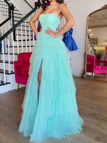 A-line Stunning Straight Cascading Ruffles Floor-Length Prom Dress