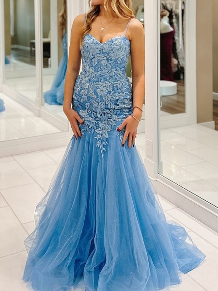 Sheath Spaghetti Straps Appliques Lace Sweep Train Corset Prom Dress