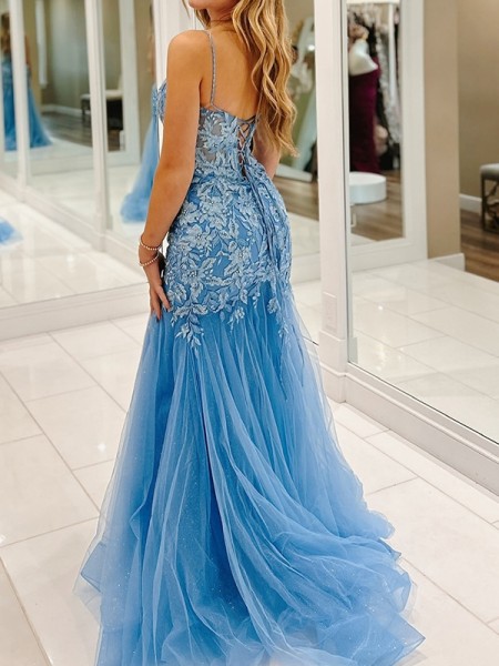 Sheath Spaghetti Straps Appliques Lace Sweep Train Corset Prom Dress