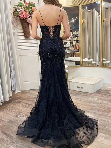 Sheath Spaghetti Straps Appliques Lace Sweep Train Tulle Corset Prom Dress