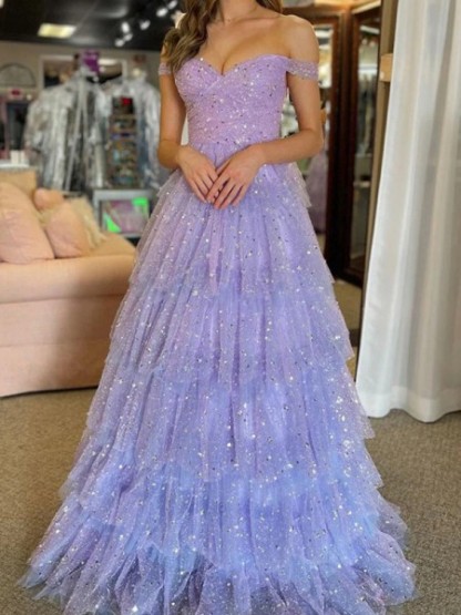 Dress A-line Stunning  Off-the-Shoulder Cascading Ruffles Floor-Length Prom Dress