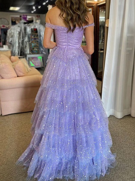 A-line Stunning  Off-the-Shoulder Cascading Ruffles Floor-Length Prom Dress