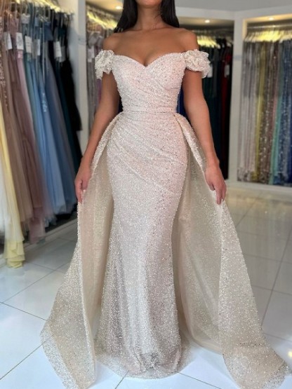 Dress Sheath Off-the-Shoulder Sweep Train Detachable Train Prom Dress