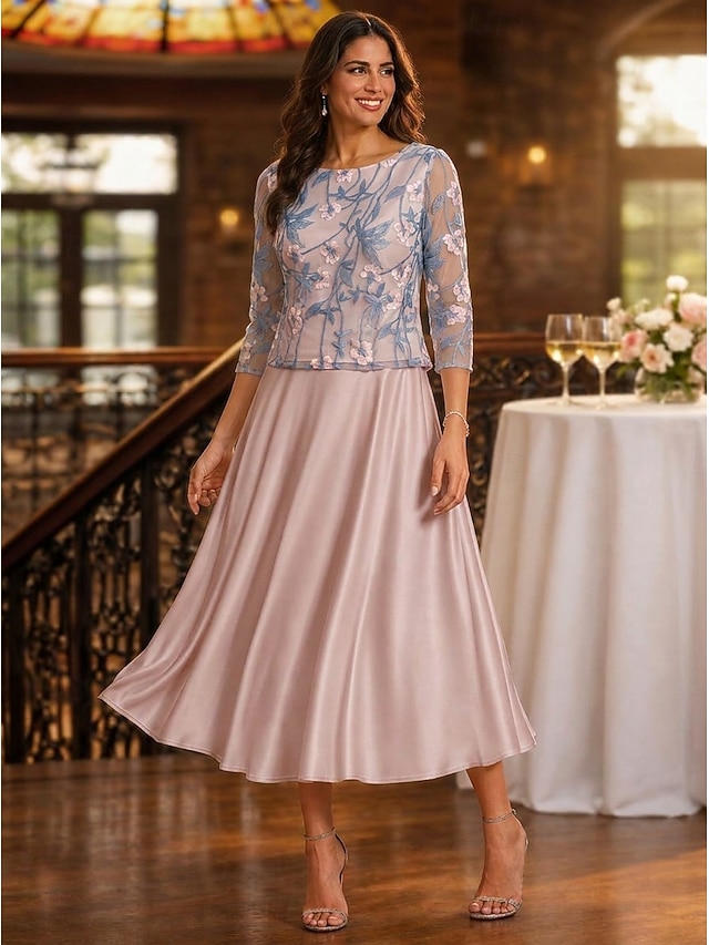 a-line mother of the bride dresses ankle length chiffon satin lace with embroidery 3/4 length sleeve, supplier image 6