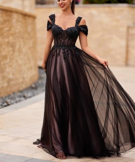 A-line Cold Shoulder Appliques Lace Sweep Train Tulle Corset Prom Dres
