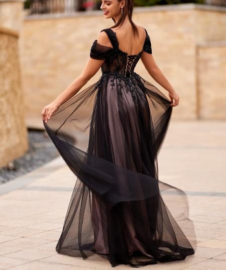 A-line Cold Shoulder Appliques Lace Sweep Train Tulle Corset Prom Dress