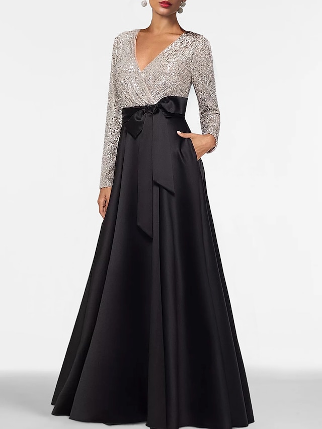 a-line floor-length mother of the bride dress wedding guest dress evening gown v-neck long sleeves satin elegant, supplier image 1