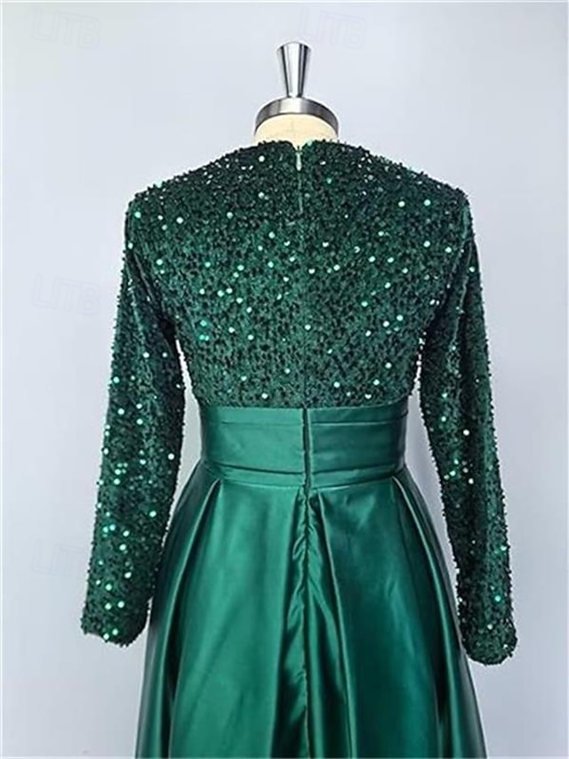a-line floor-length wedding guest dress evening gown high neck long sleeves satin elegant, supplier image 8