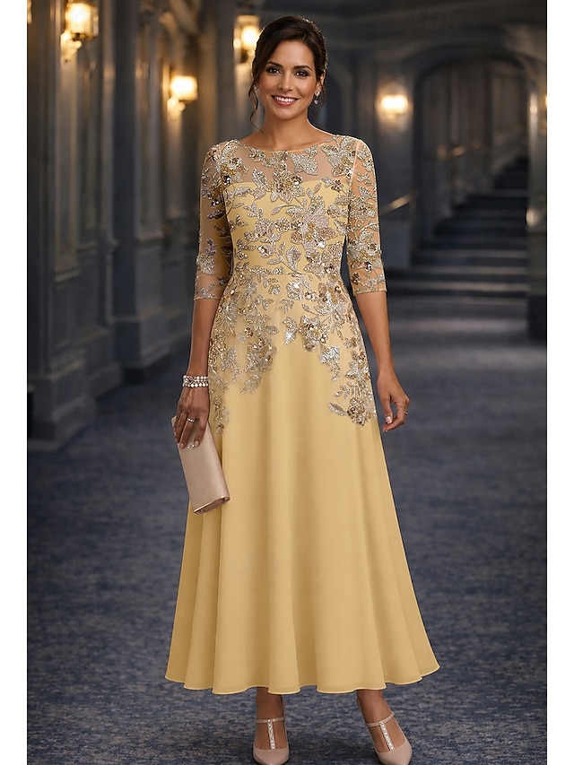 a-line ankle length mother of the bride dresses 3/4 length sleeve scoop neck elegant luxurious sparkle & shine chiffon with beading, supplier image 1