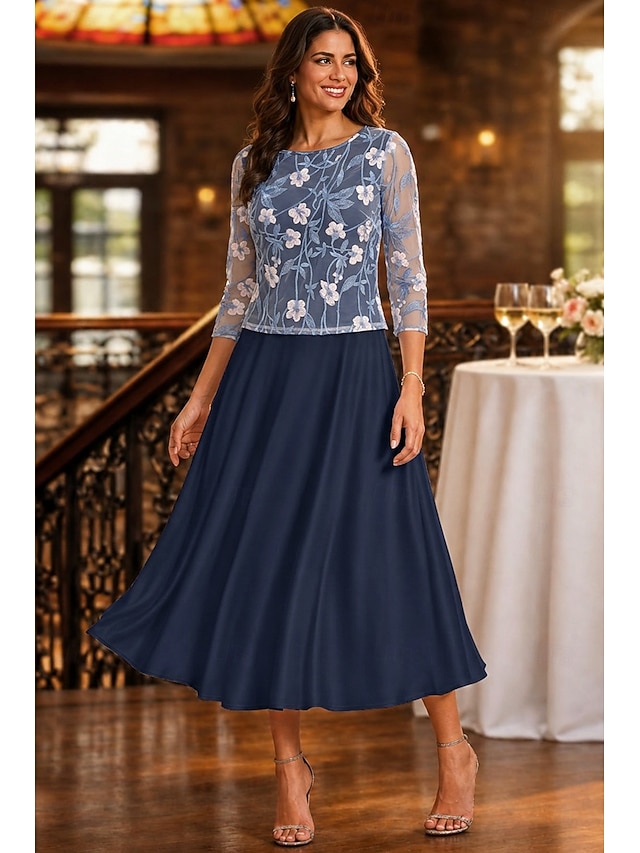 a-line mother of the bride dresses ankle length chiffon satin lace with embroidery 3/4 length sleeve, supplier image 1