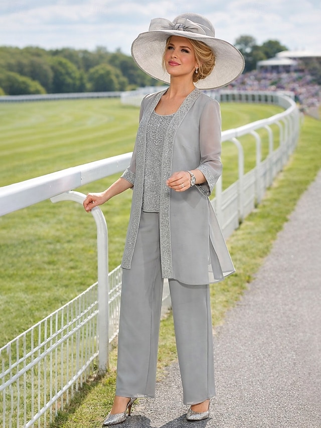 3 piece mother of the bride dresses ankle length chiffon lace with solid color long sleeve elegant, supplier image 1