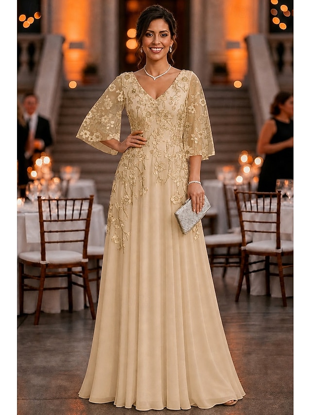 a-line mother of the bride dresses floor length chiffon lace with 3d flowers 3/4 length sleeve, supplier image 7