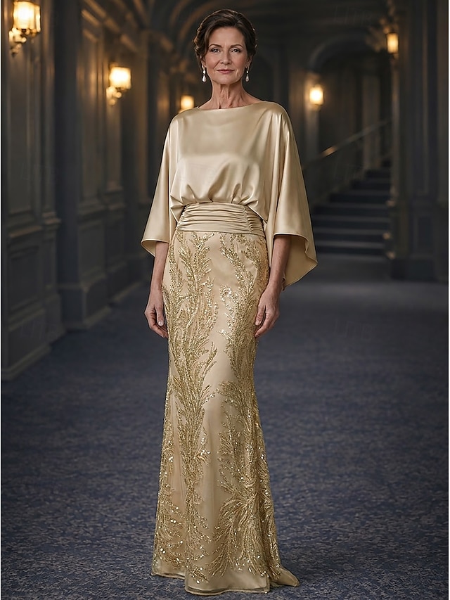 sheath column mother of the bride dresses floor length satin with pleats 3/4 length sleeve elegant, supplier image 1