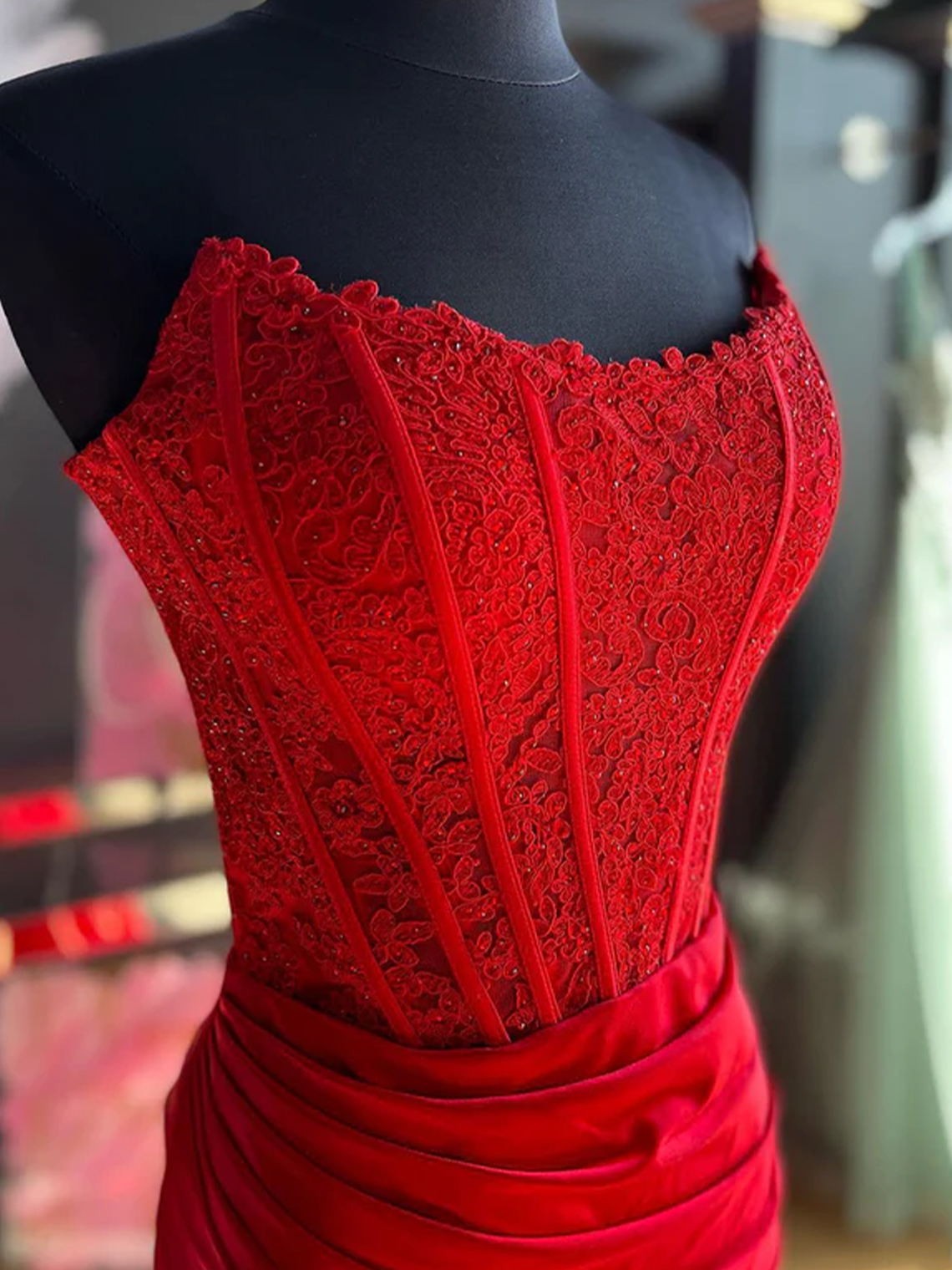 Mermaid Strapless Corset Satin Appliques with Slit Long Prom Dress