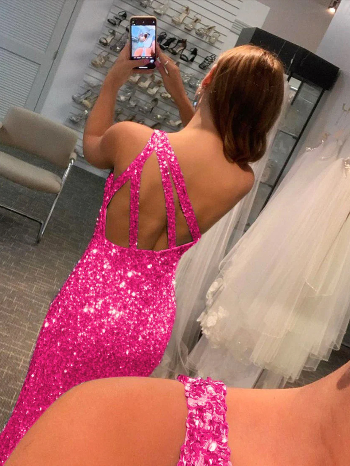 Glitter Mermaid One Shoulder Open Back Sleeveless Sexy Prom Dress