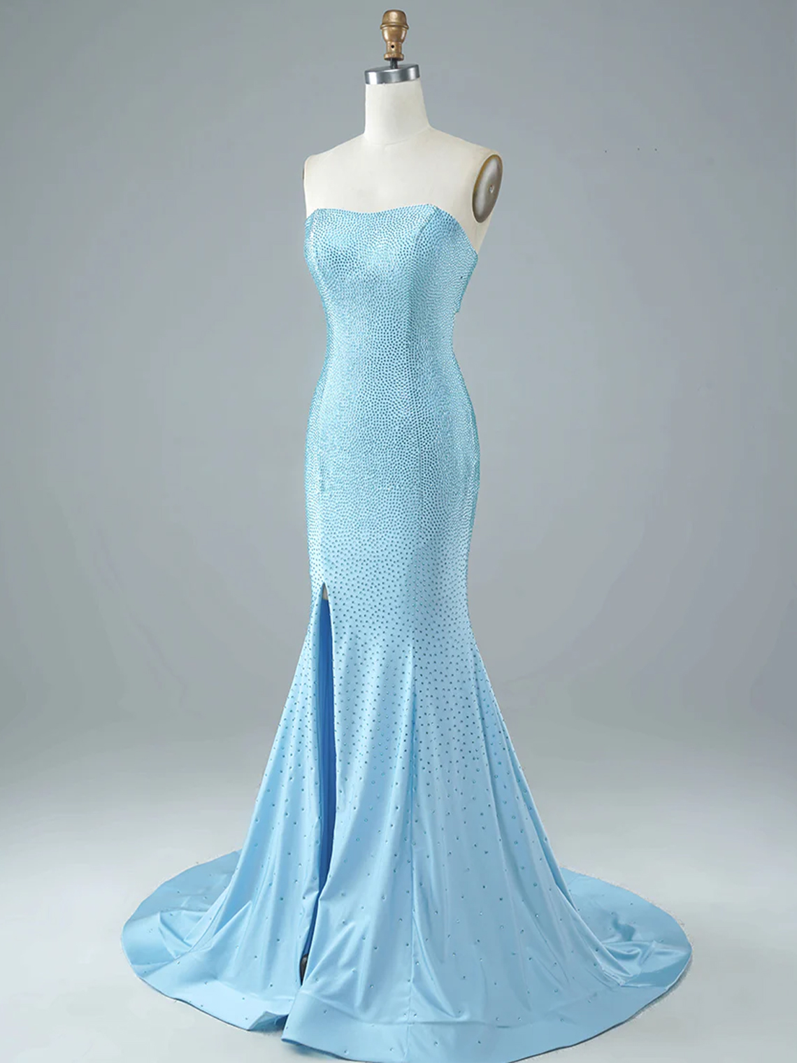 Light Blue Sexy Tight Strapless with Split Long Prom Dress 