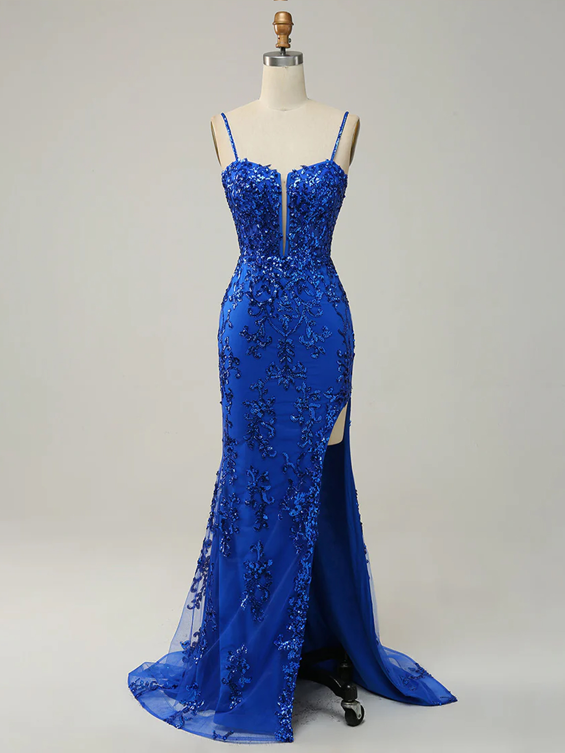 Sheath Tulle Straps Side Slit with Appliques Long Prom Dress