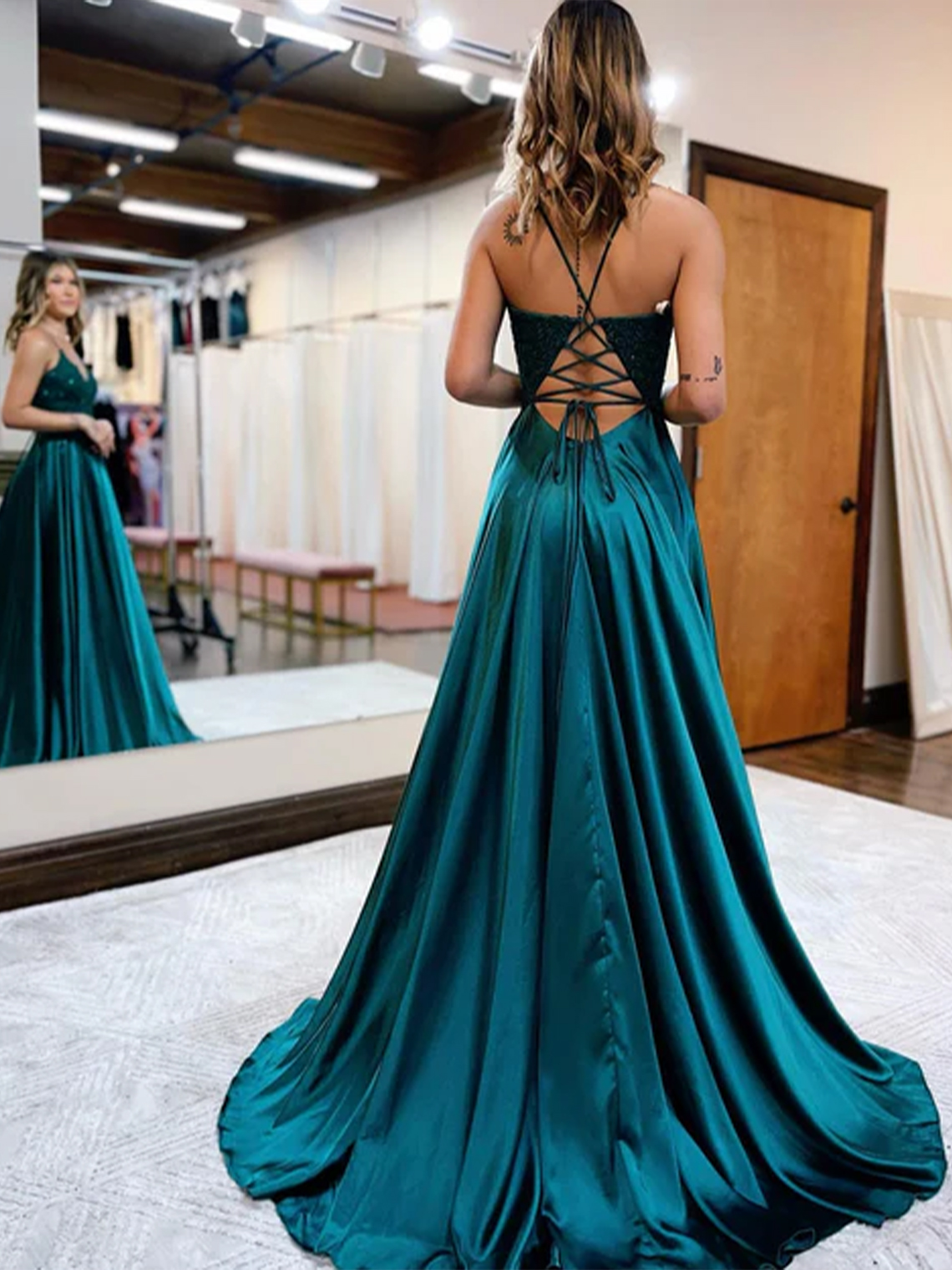 A-line Sexy V Neck Spaghetti Straps Satin With Split Prom Dress 