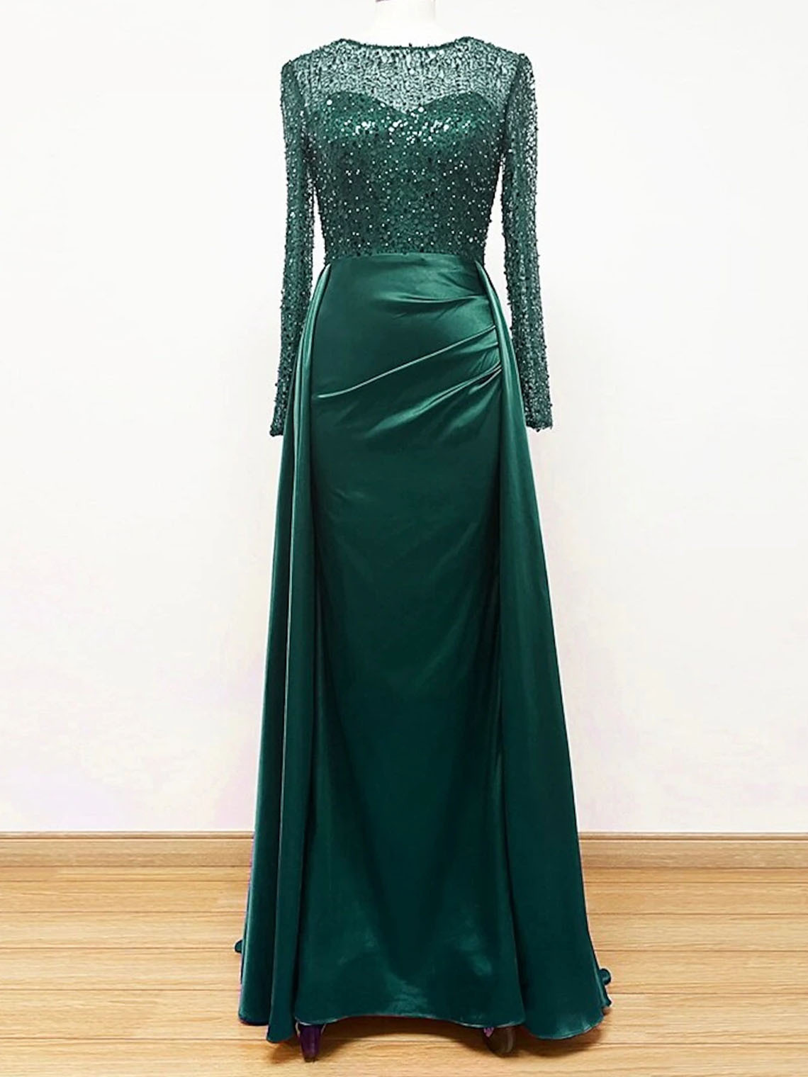 Mermaid Sequin Satin Long Sleeves with Pearls Long Evening Dress