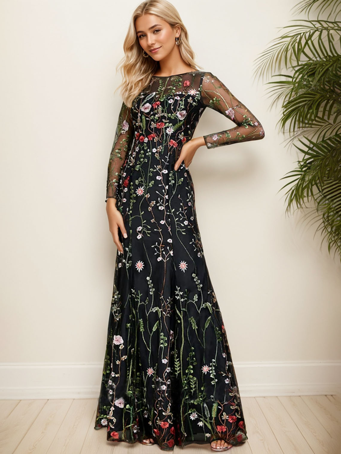 Black Sheath/Column Boat Neck Long Sleeve With Floral Evening Dress