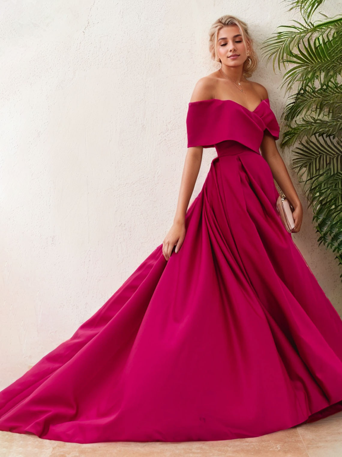 Fuchsia Satin A Line Off Shoulder Sleeveless with Slit Evening Dress