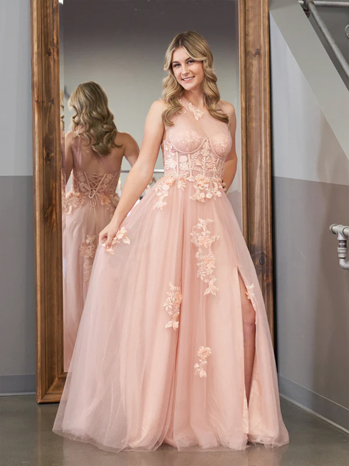 A Line Tulle One Shoulder Long Sleeveless with Appliques Prom Dress