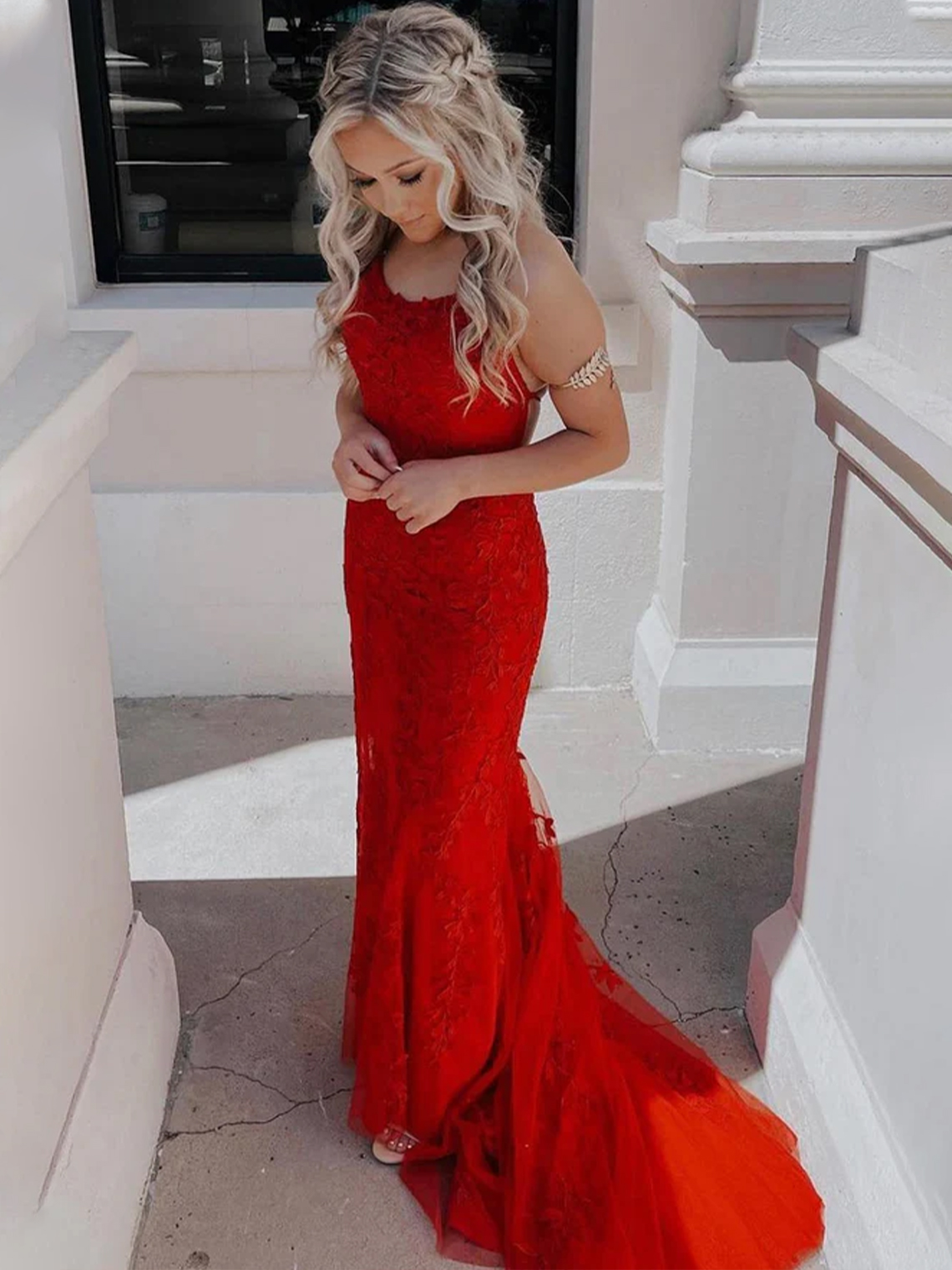 Mermaid Spaghetti Straps Lace Tulle with Appliques Prom Dress