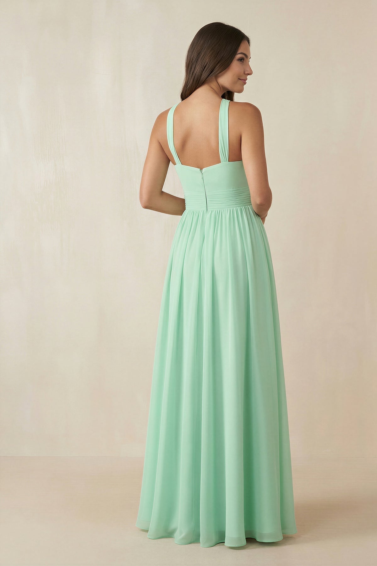 Halter Neck Ruched A-Line Chiffon Bridesmaid Dresses in Pale Pistachio, product image 2