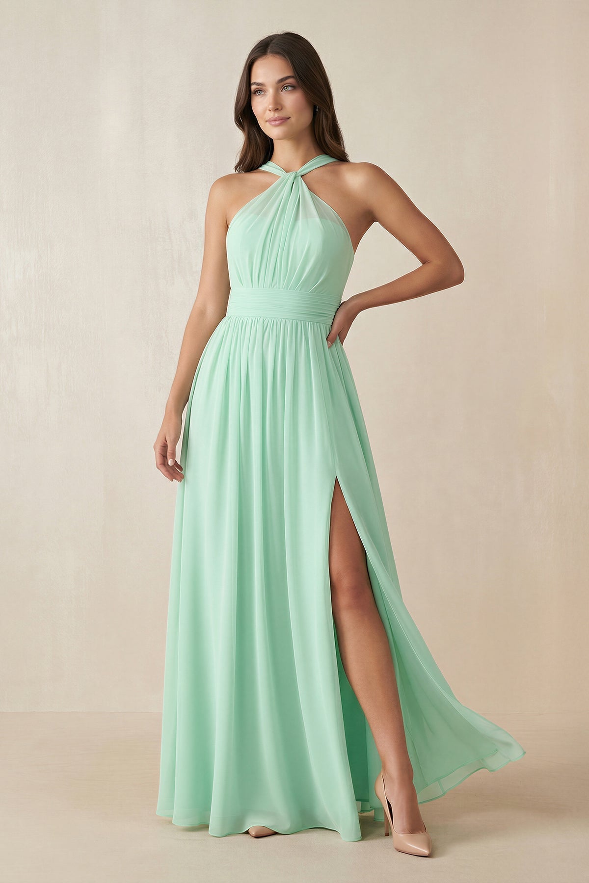 Halter Neck Ruched A-Line Chiffon Bridesmaid Dresses in Pale Pistachio, product image 1