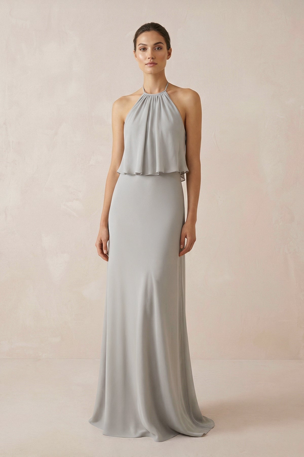 Halter Sheath Ruffled Chiffon Bridesmaid Dresses in Silver, product image 1
