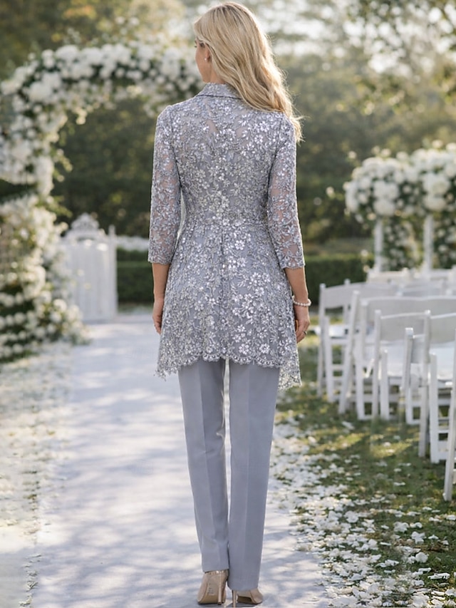 3 piece jumpsuit pantsuit mother of the bride dresses ankle length chiffon lace with sequin v neck, supplier image 3