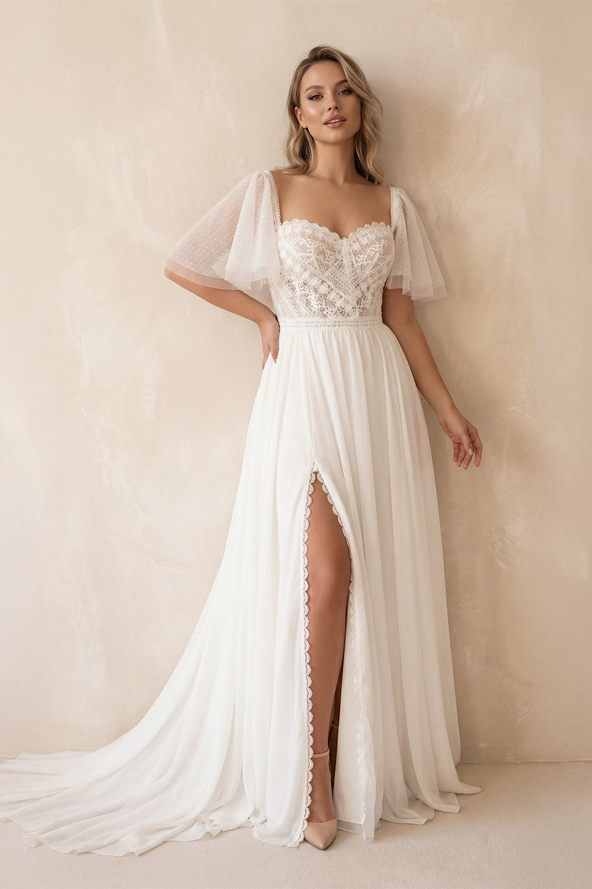 Plus Size Sweetheart Short Sleeves Sweep Train Chiffon Wedding Dresses