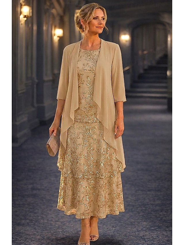 two piece a-line mother of the bride dresses ankle length tea length chiffon lace with beading, supplier image 1