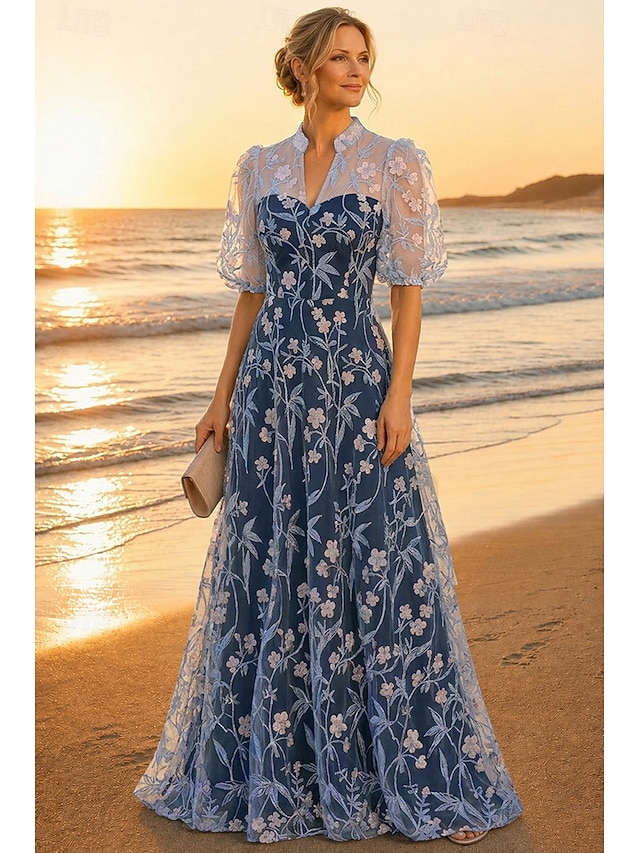a-line mother of the bride dresses cocktail dresses floor length lace with embroidery half sleeve, supplier image 1