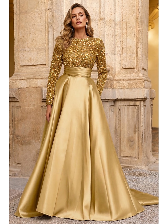 a-line floor-length wedding guest dress evening gown high neck long sleeves satin elegant, supplier image 17