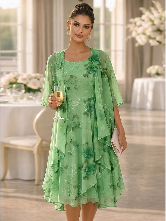 two piece a-line mother of the bride dresses wedding guest dresses knee length chiffon half sleeve, supplier image 6
