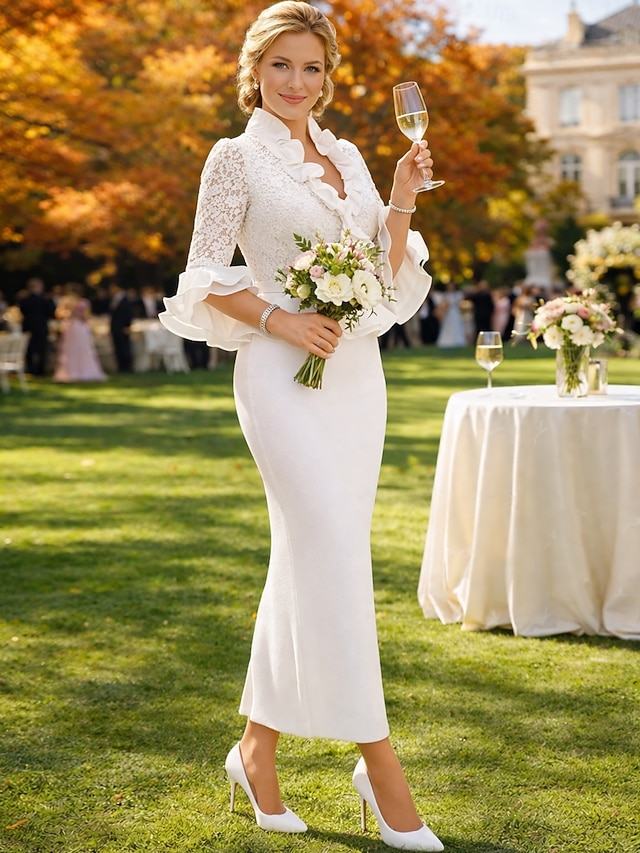 sheath column ankle-length wedding guest dress prom dress v-neck half sleeves lace, supplier image 2