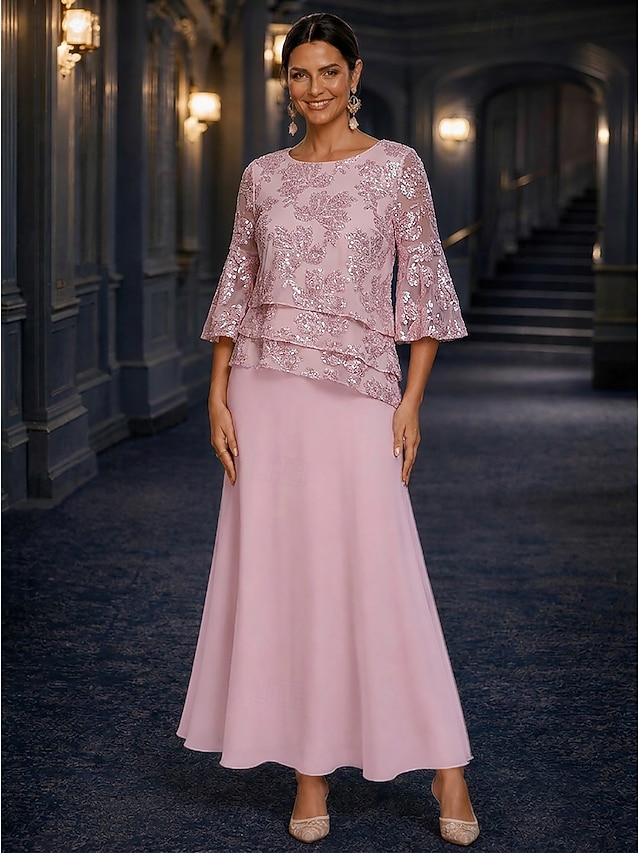 a-line mother of the bride dresses ankle length chiffon lace with sequin 3/4 length sleeve crew neck, supplier image 1